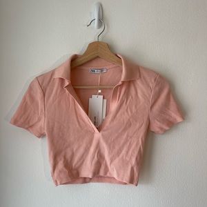 Zara Ribbed Cropped V-Neck Short Sleeve Polo Shirt